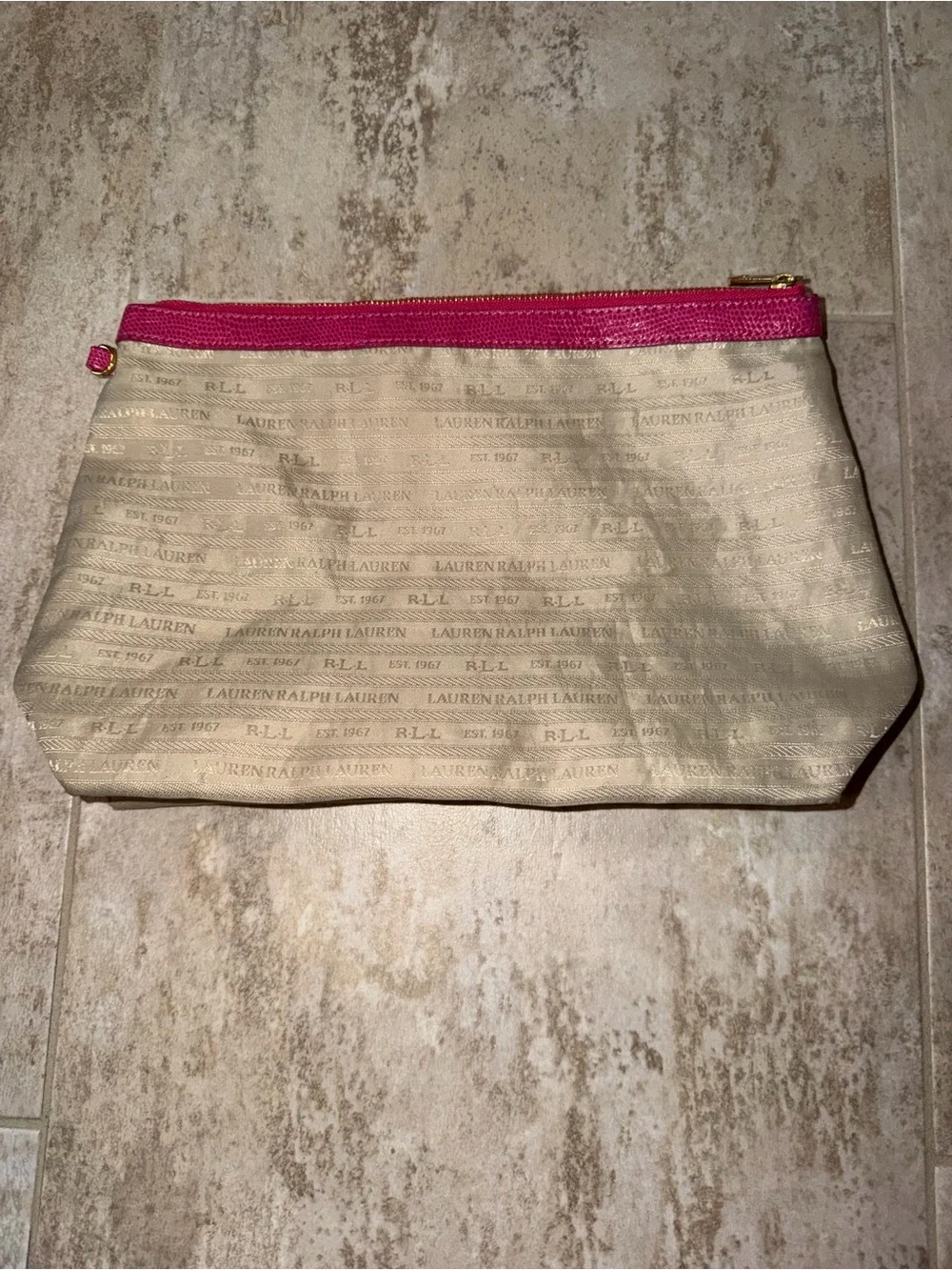 Ralph Lauren Beige Cosmetic Pouch with Hot Pink Trim